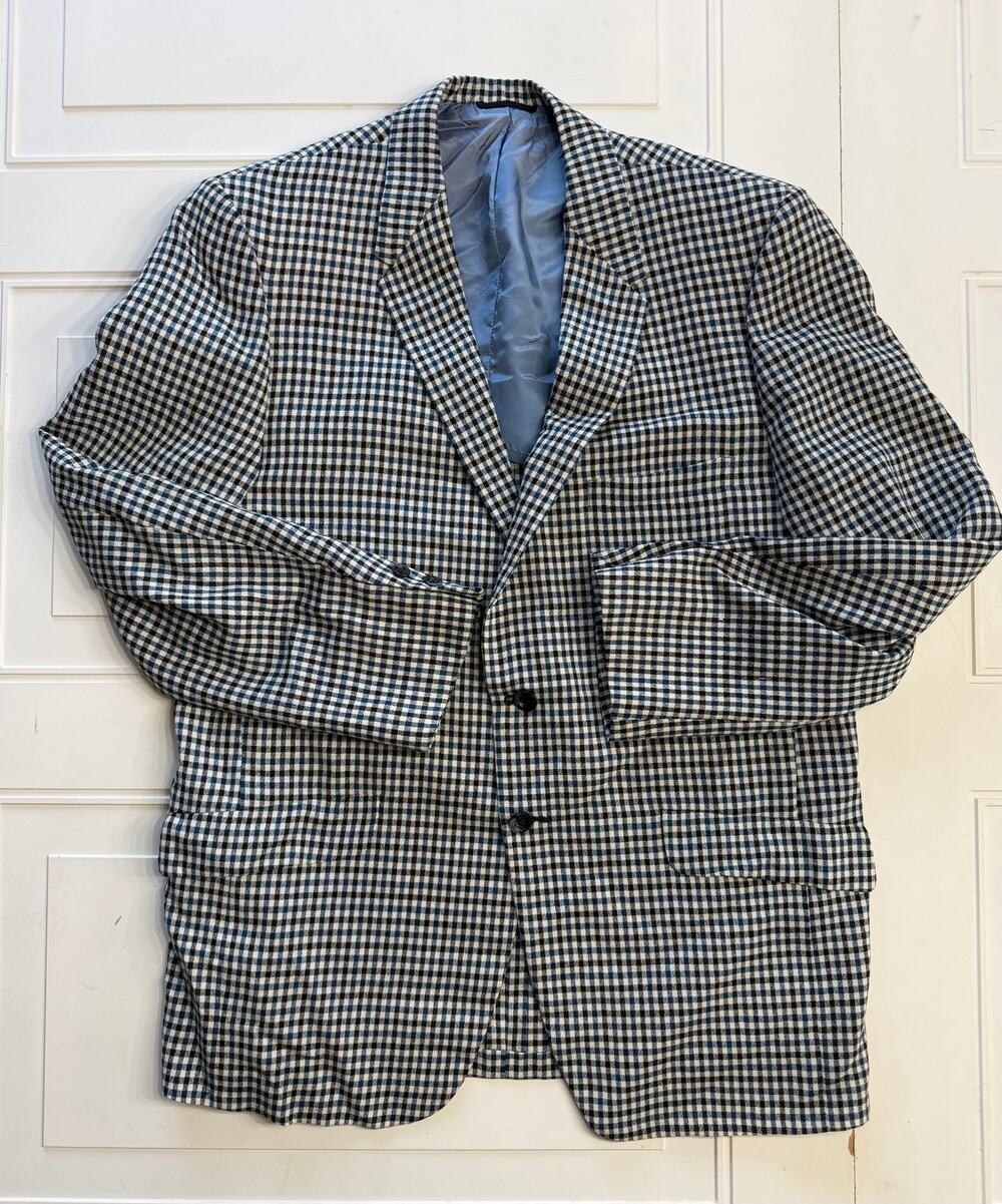 Hart Schaffner & Marx Vintage 1970 Mens Sz L Black Blue Plaid Blazer Jacket